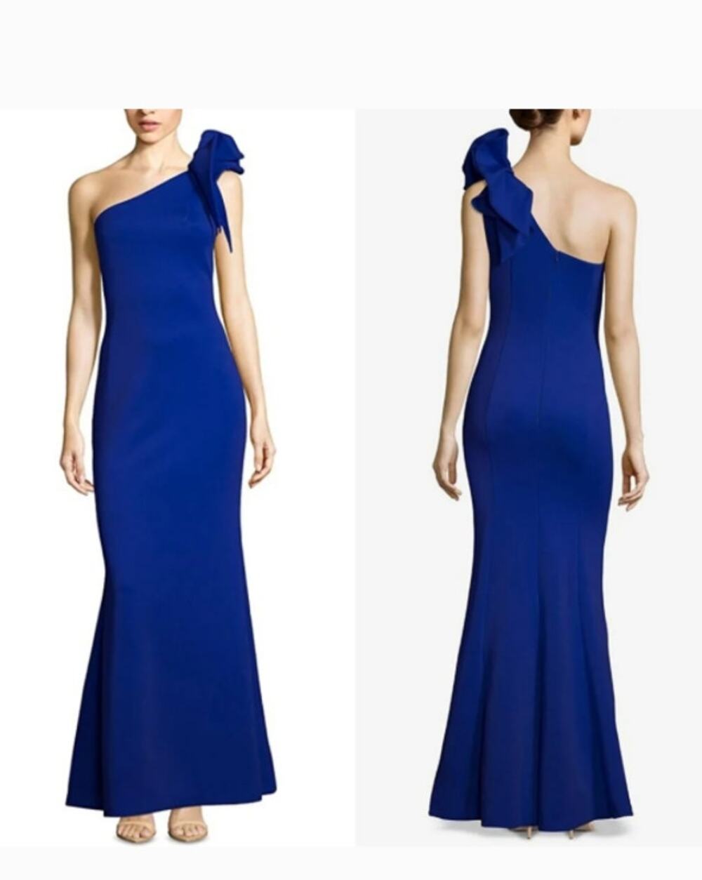 Betsy & Adam Cobalt Blue ONe-Shoulder Ruffled Scuba Gown Dress sze 10